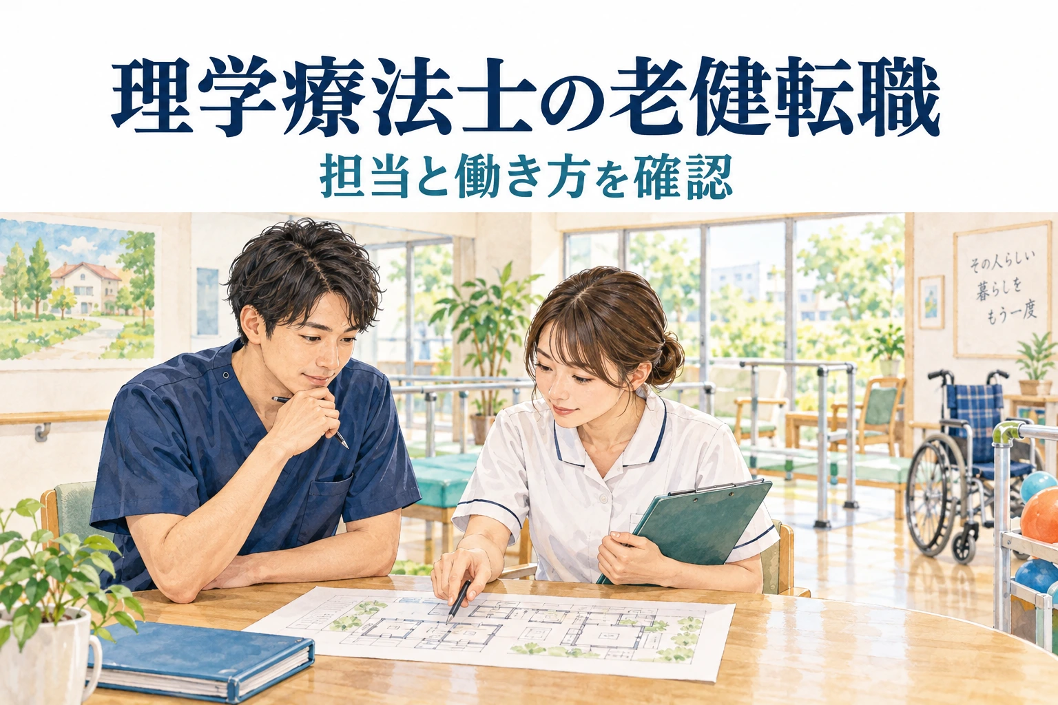 理学療法士の老健転職は何を確認？担当と在宅復帰支援を比べる。担当や働き方を確認する場面のイラスト