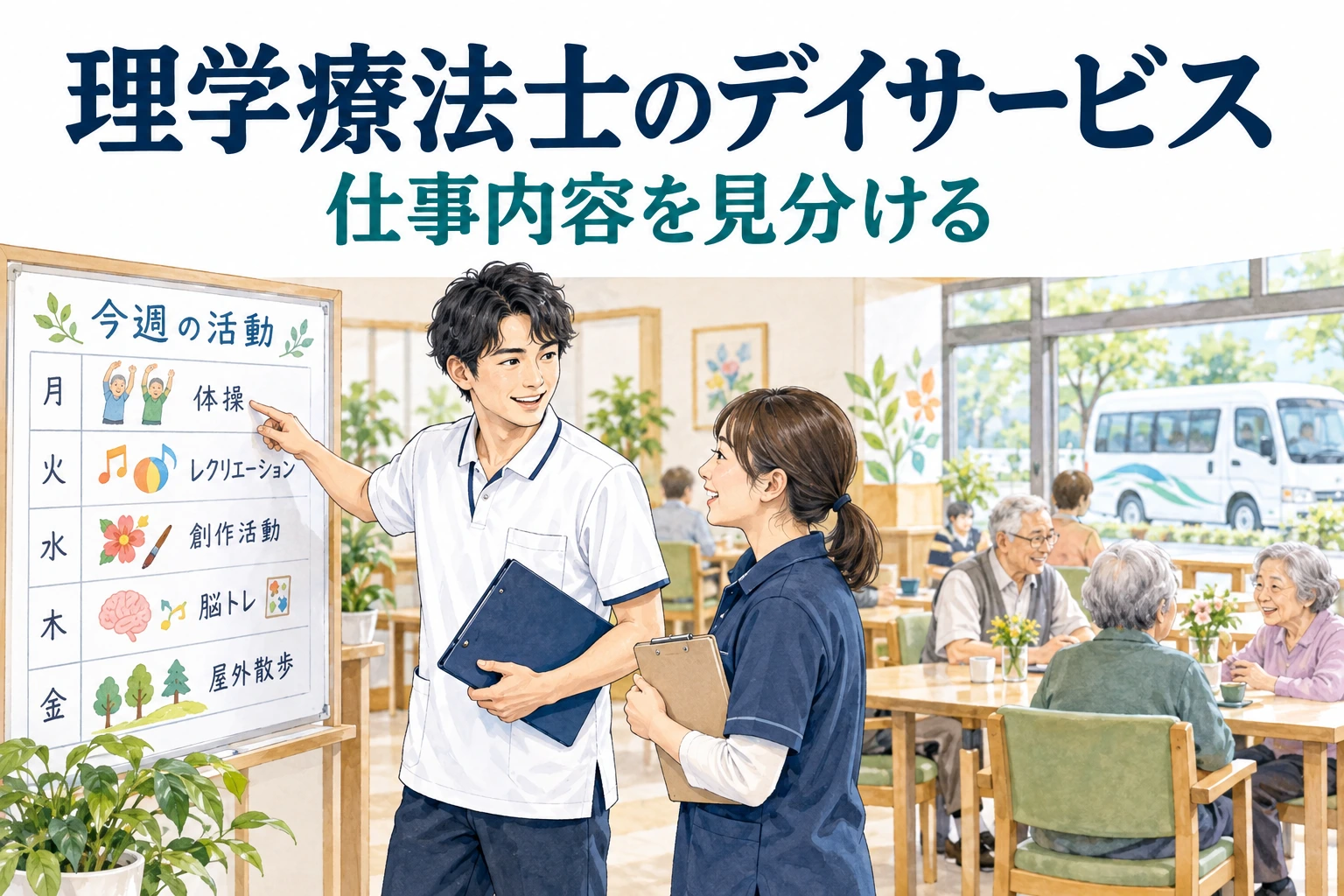 理学療法士のデイサービス転職は何を確認？担当と送迎を比べる。担当や働き方を確認する場面のイラスト