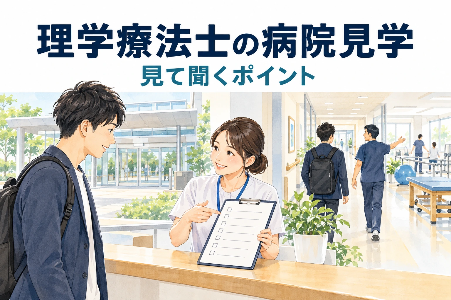 理学療法士の病院見学は何を聞く？予約と当日の確認事項を整理。担当や働き方を確認する場面のイラスト