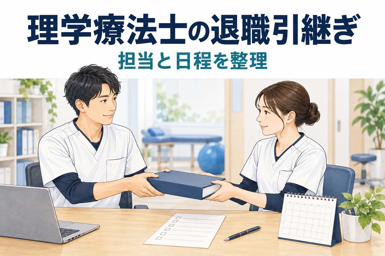 理学療法士の退職引継ぎは何を残す？担当と日程と情報を整理。担当や働き方を確認する場面のイラスト