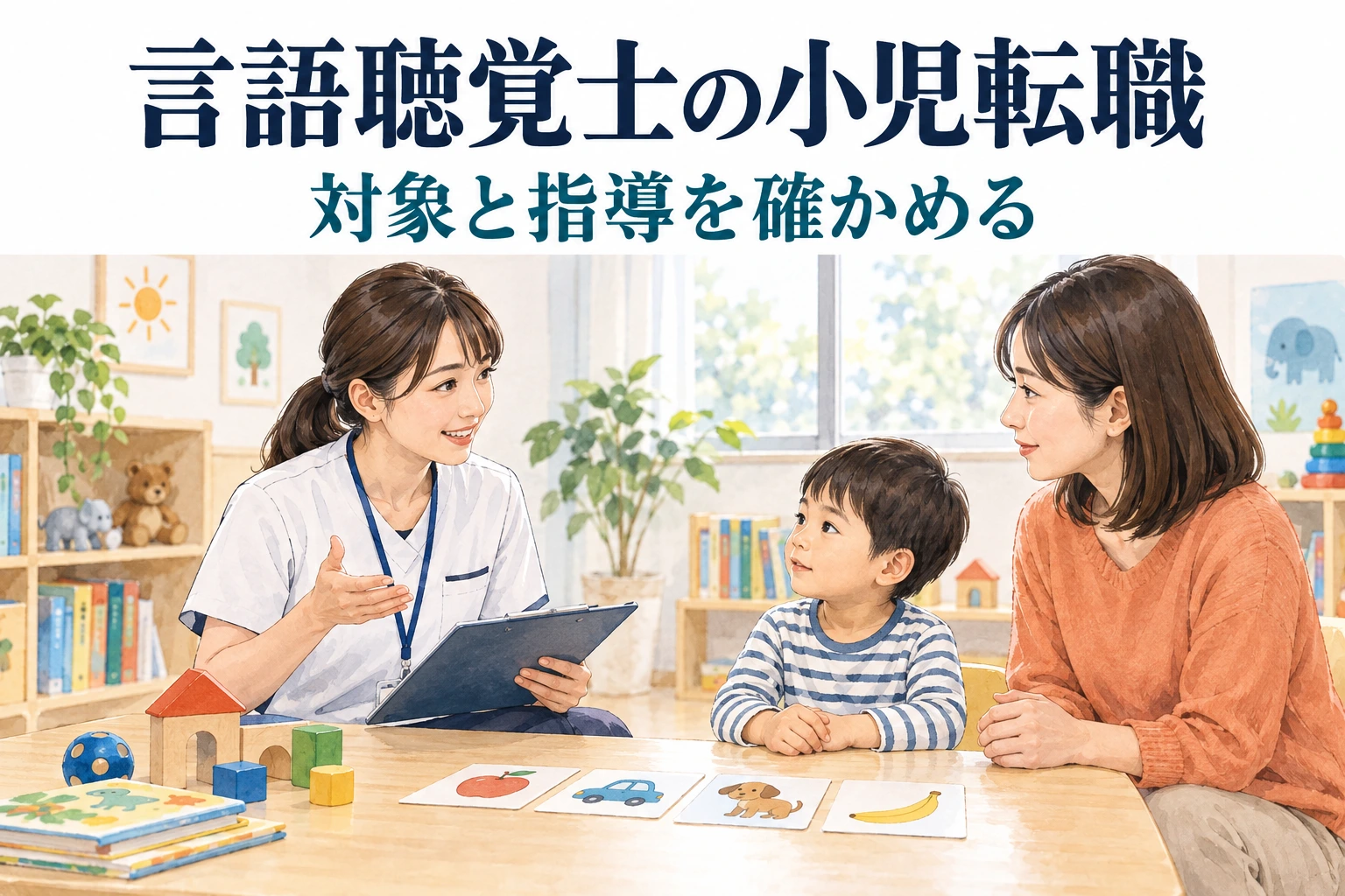 言語聴覚士の小児転職はどう選ぶ？対象年齢と経験条件を確認。担当や働き方を確認する場面のイラスト