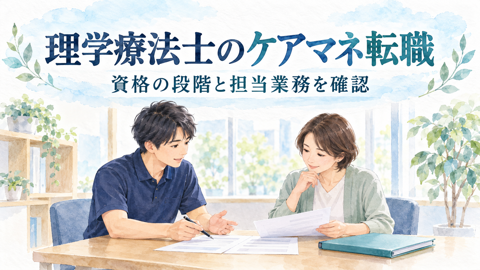 理学療法士のケアマネ転職に向け、PTとケアマネジャーが机で資格の段階と担当業務の書類を確認する水彩イラスト。