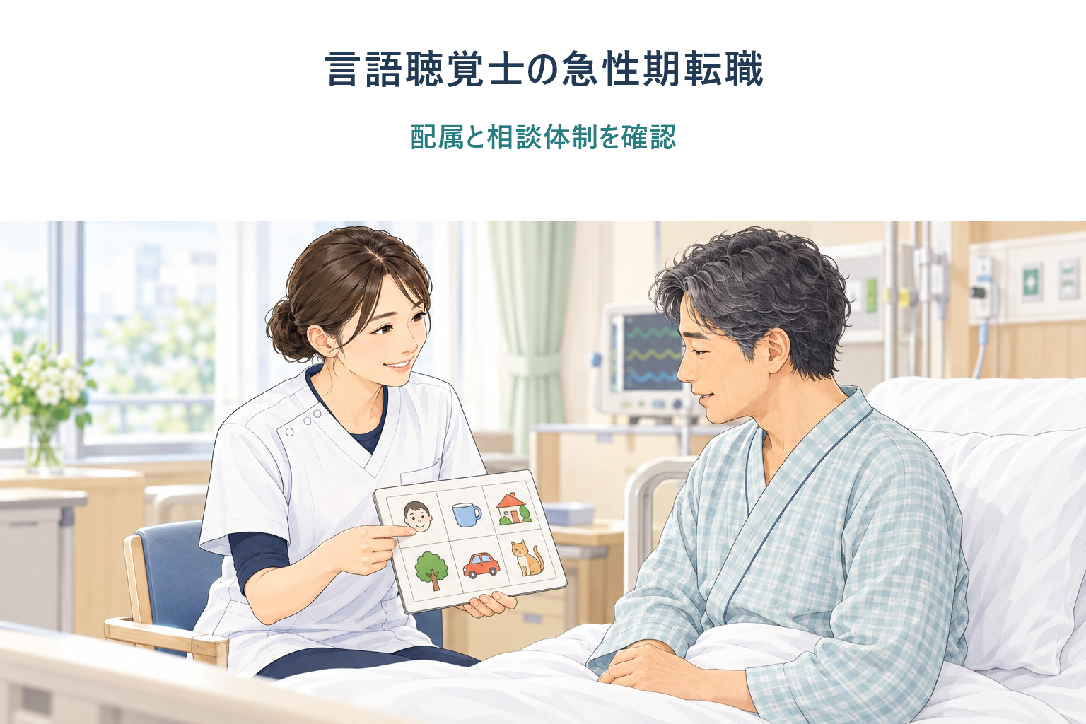 急性期病棟で言語聴覚士が成人患者と絵カードを使って意思疎通する場面