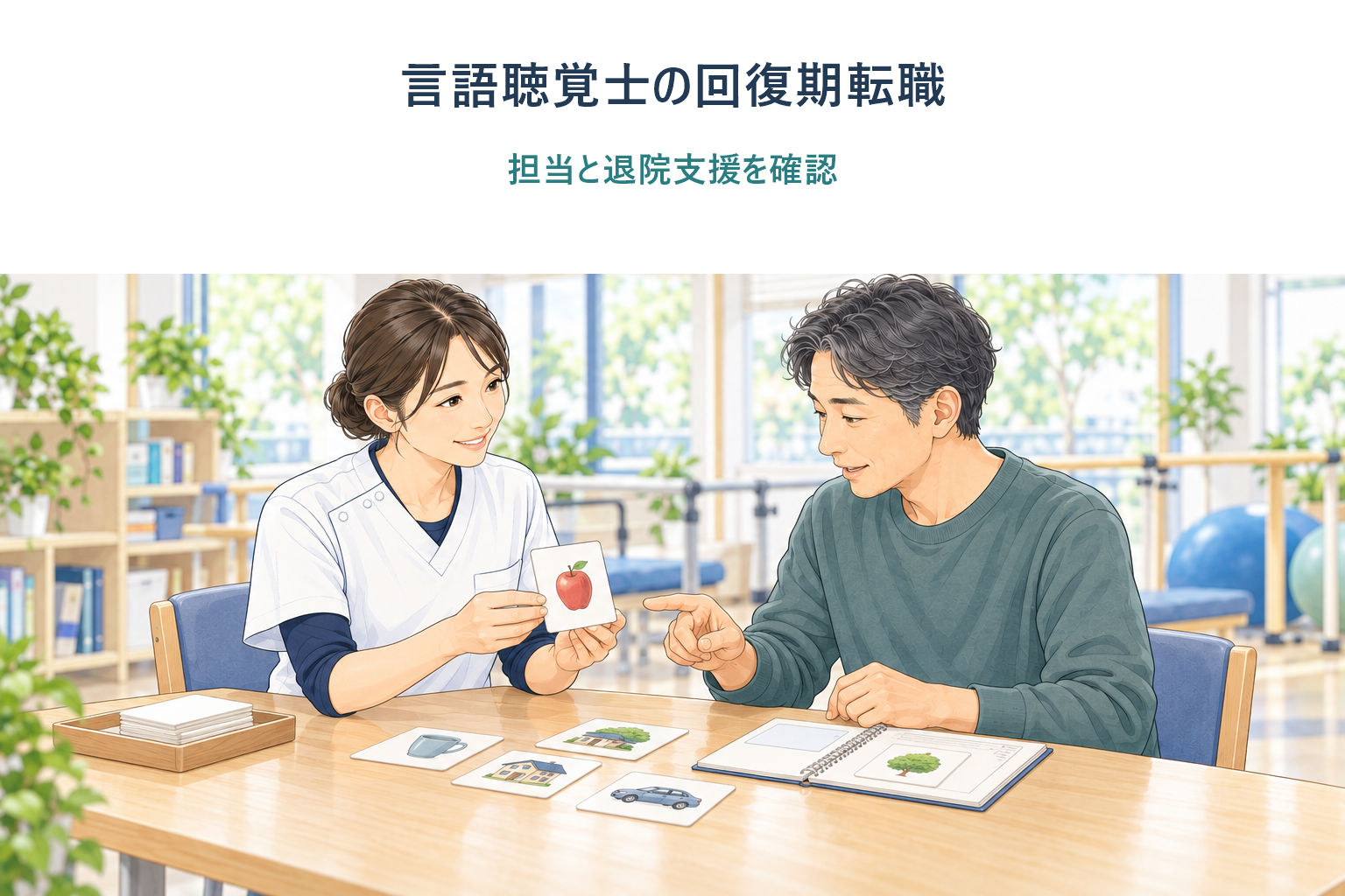 回復期リハ室で言語聴覚士と患者がカードを使い日常会話を練習する場面