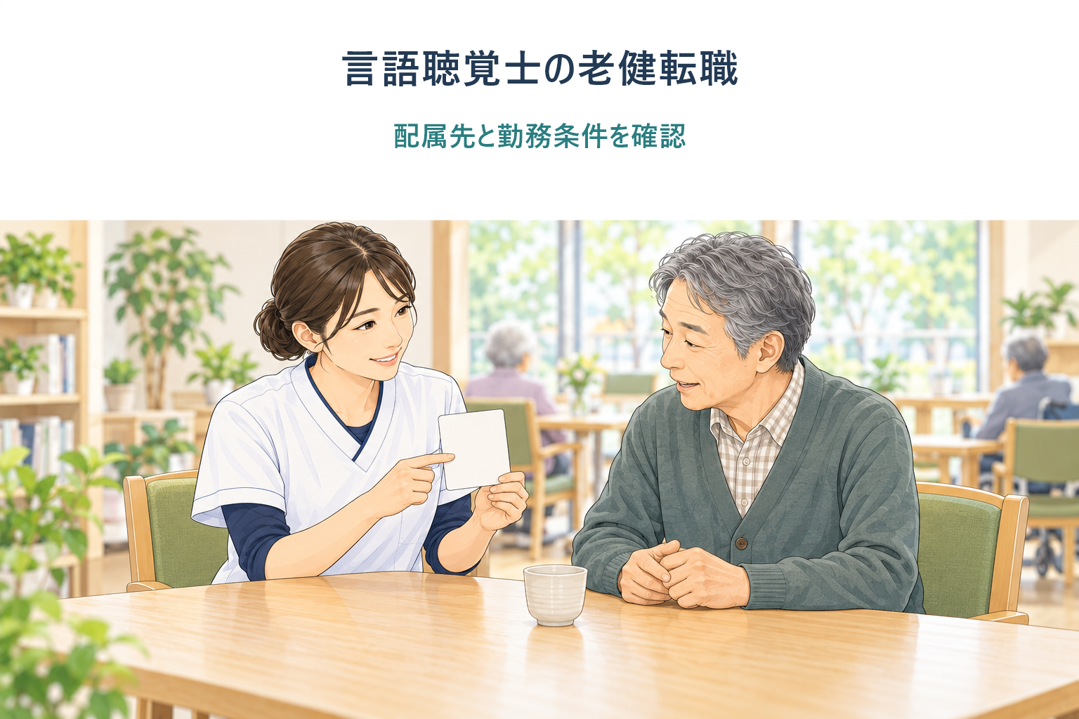 老健の共用スペースで言語聴覚士が高齢者と絵カードを使い会話する場面