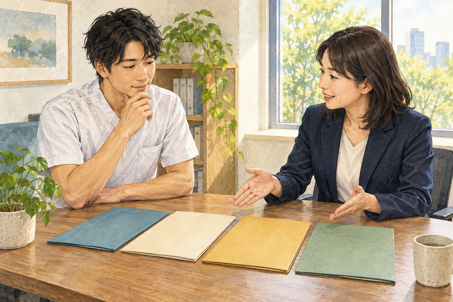 理学療法士が相談員と四つの資料を見比べながら仕事の条件を話す場面
