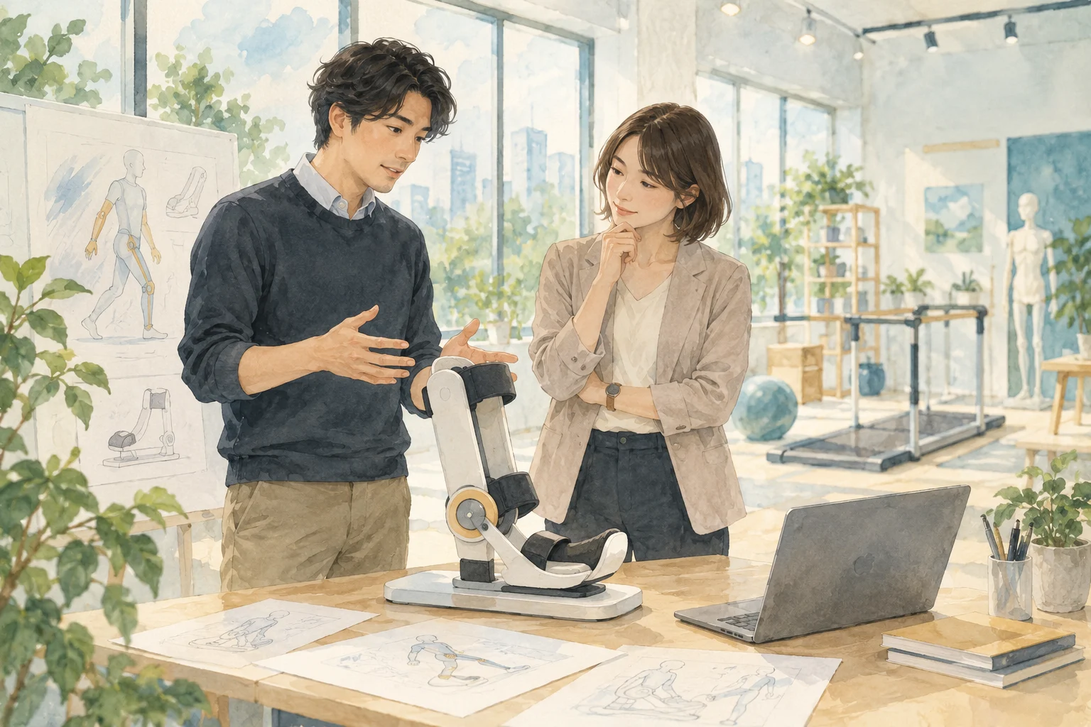 理学療法士の経験を持つ人が医療機器企業の担当者と試作品について話す場面