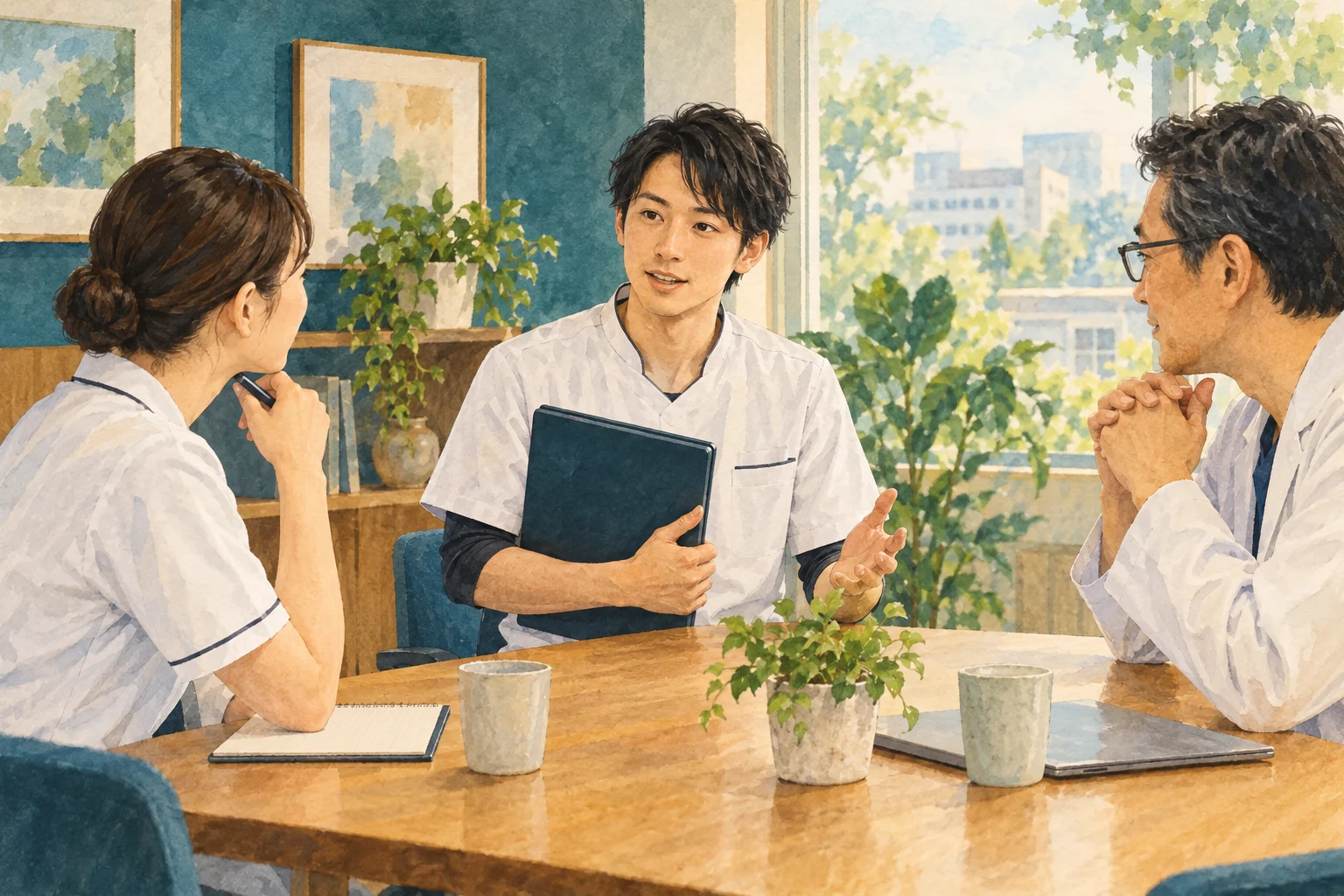 理学療法士が資料を手元に置き病院の担当者二人と落ち着いて話す場面