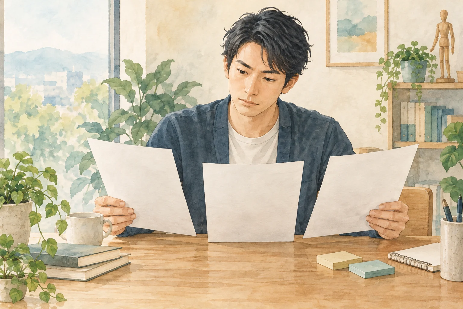 理学療法士が求人資料と労働条件の書面を机で見比べる場面