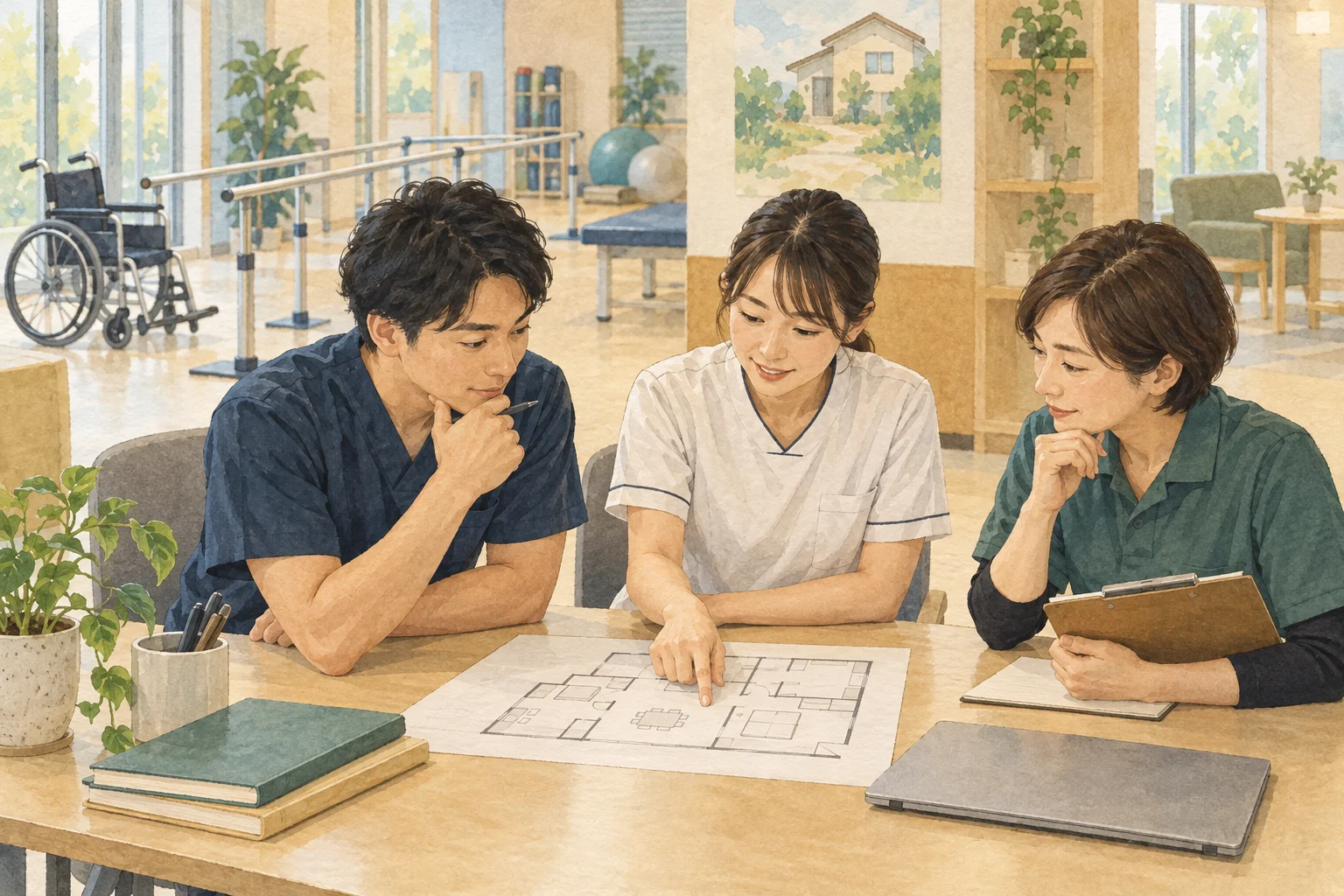 回復期のリハビリ室で理学療法士と多職種の職員が住環境の模型を囲んで相談する場面