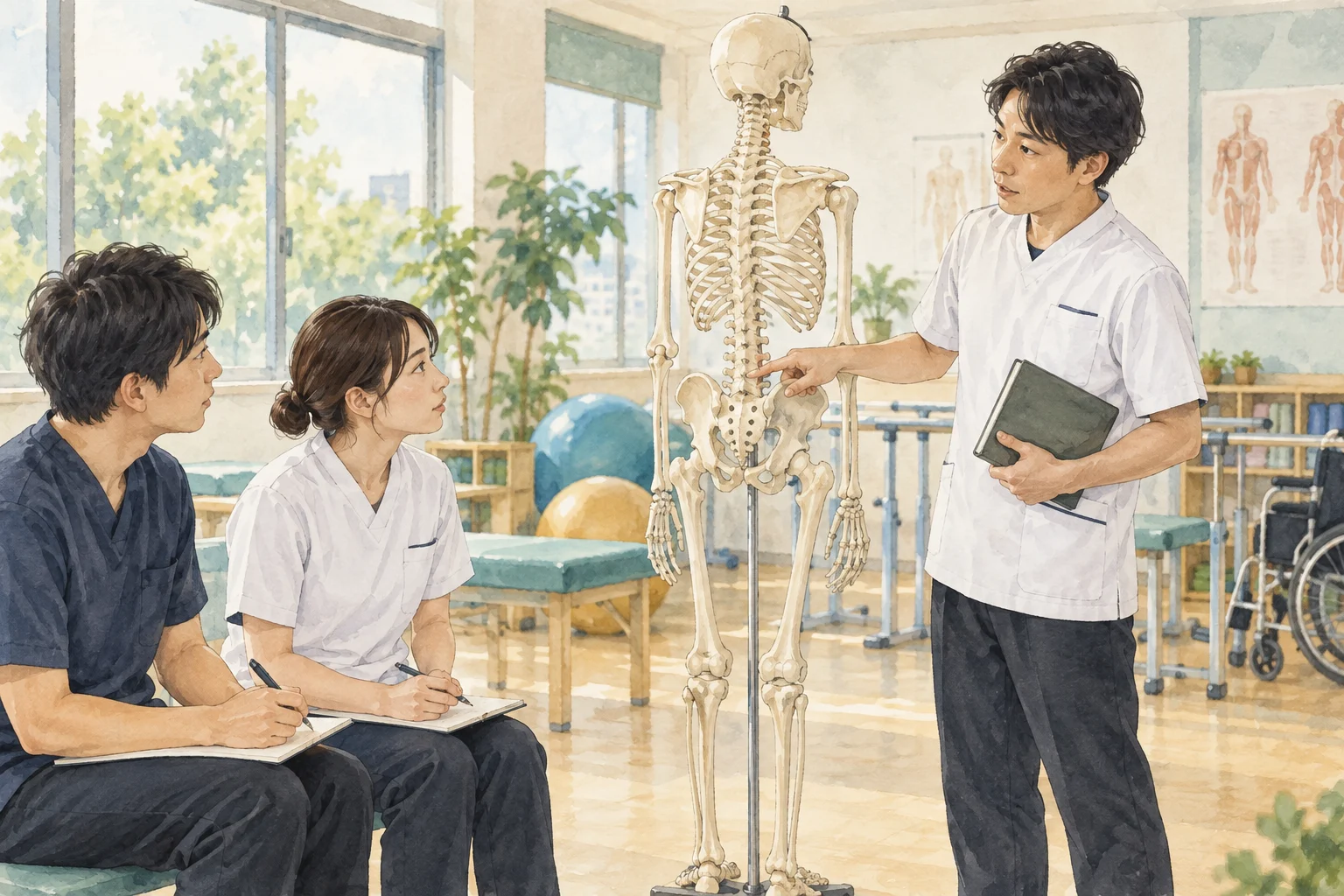 理学療法士の教員が骨格模型を使って二人の学生に説明する場面