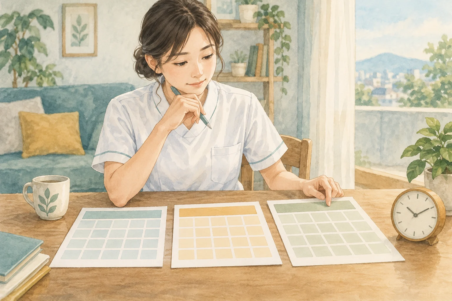理学療法士が三枚のカレンダーと時計を前に転職の日程を整理する場面