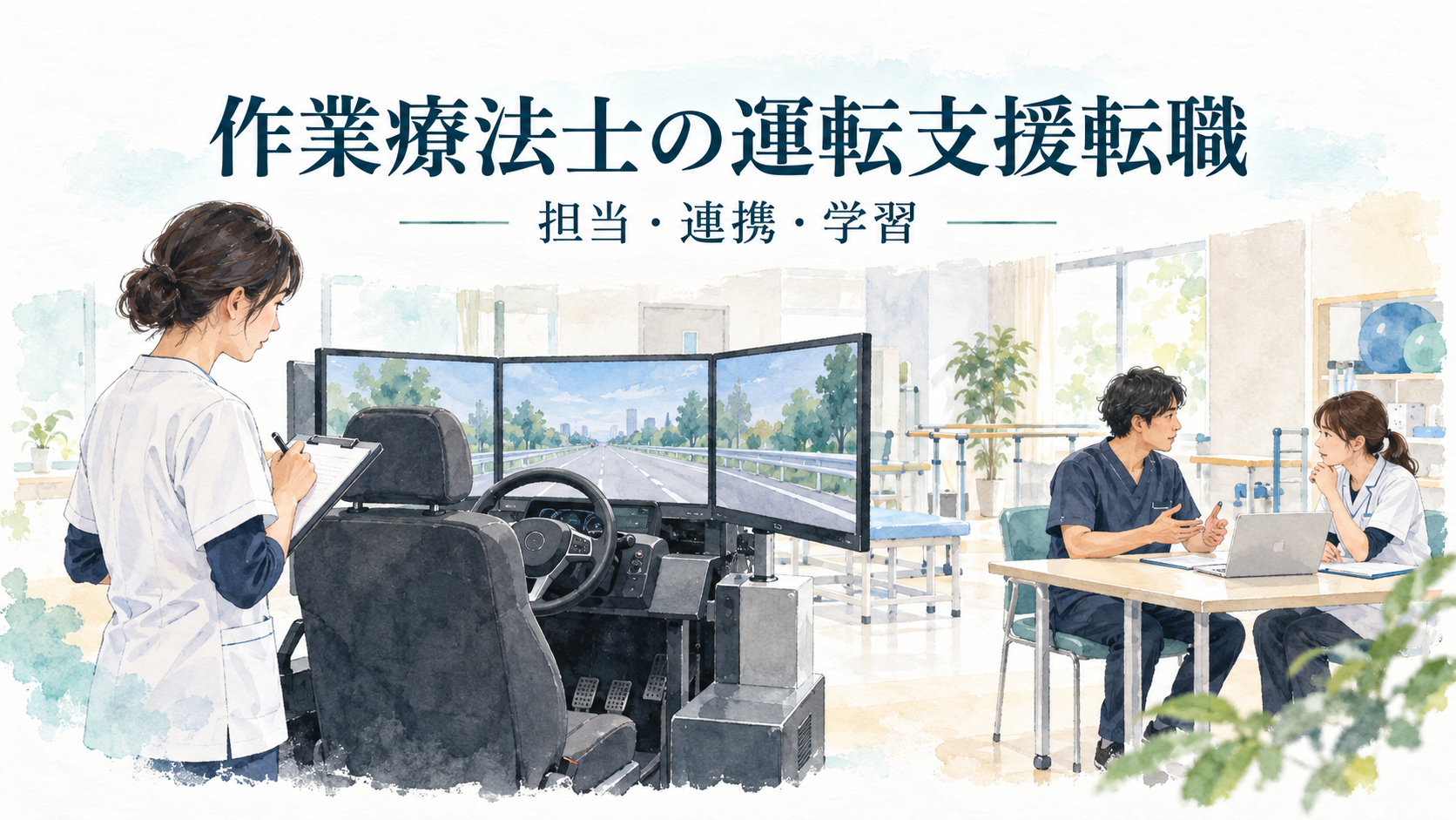 作業療法士が運転支援の仕事で模擬運転設備と多職種の連携を確認する図。