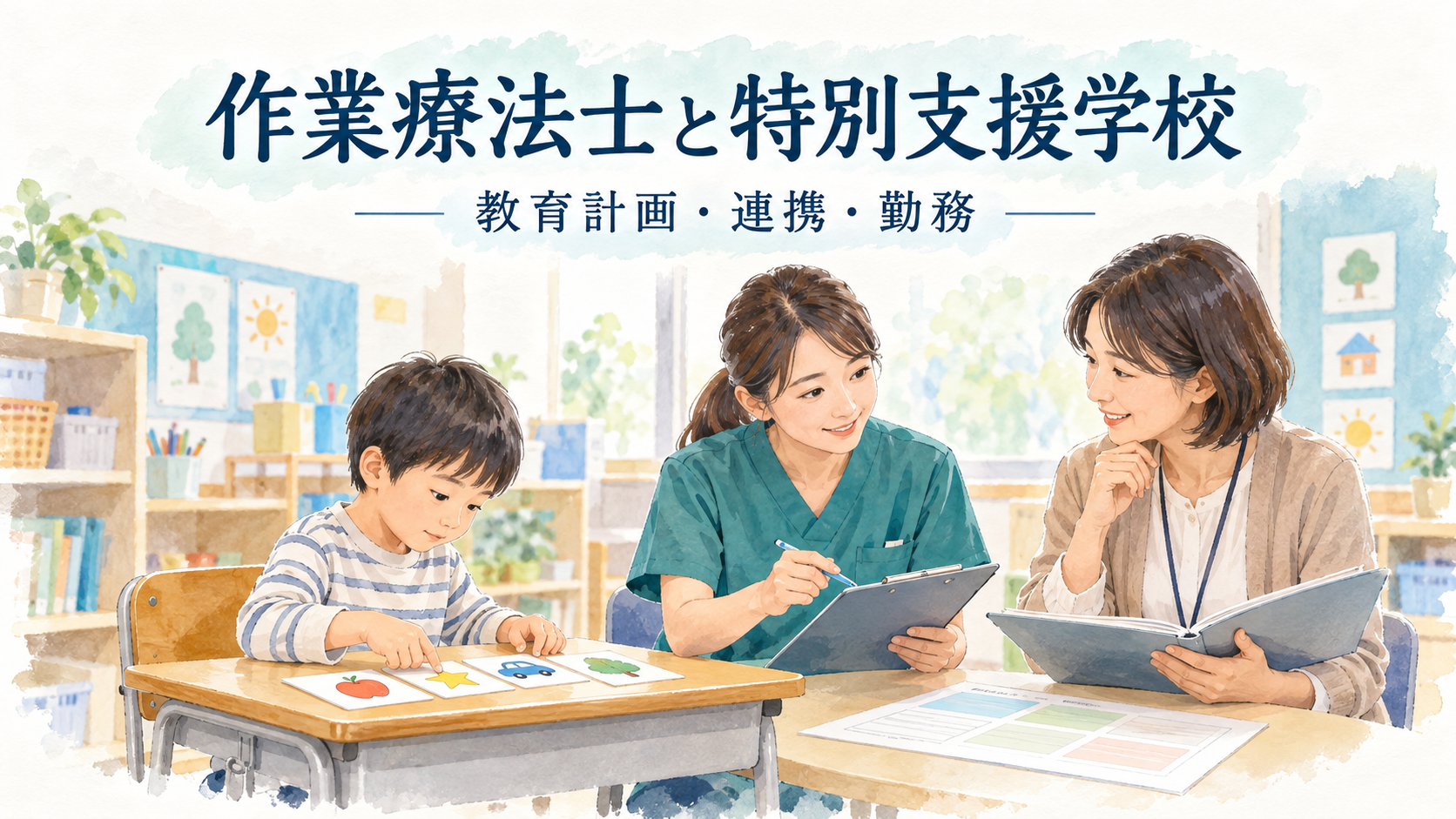 作業療法士が特別支援学校の教員と子どもの学習環境を相談する場面。