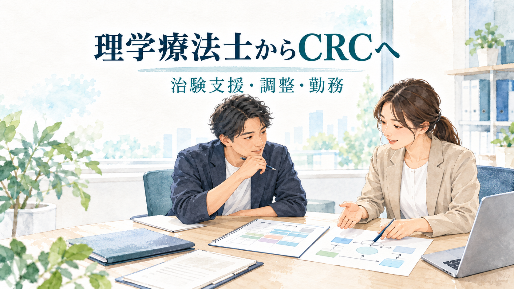 理学療法士がCRCへの転職で治験の日程調整と支援の役割を確認する図。