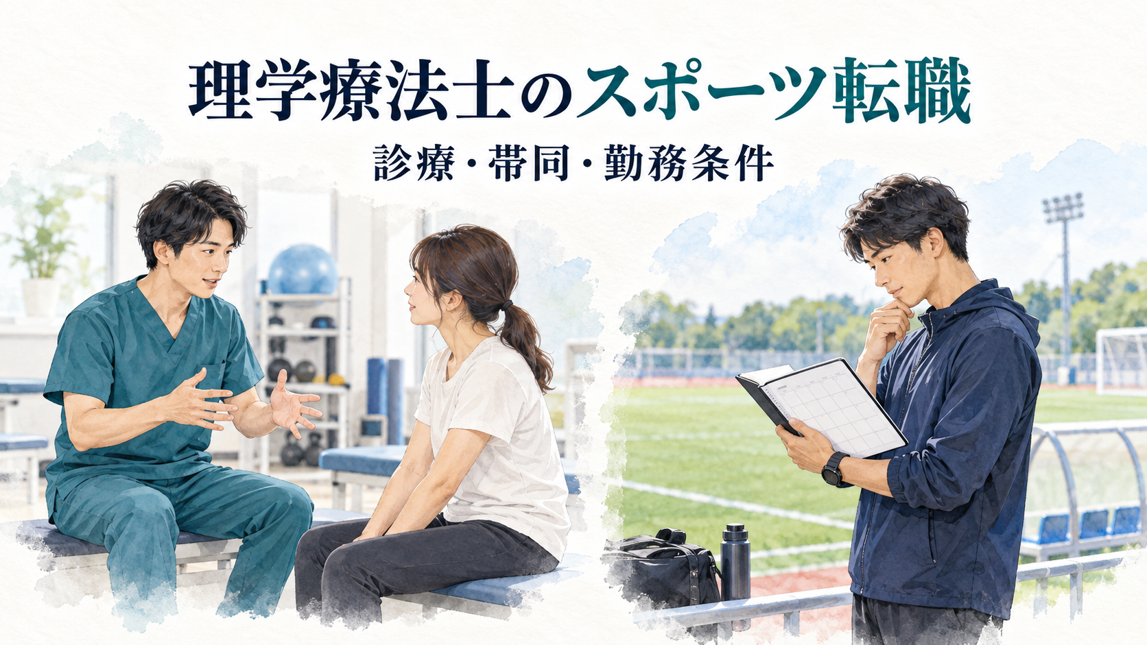 理学療法士がスポーツ分野への転職で院内診療と競技現場への帯同を比べる図。