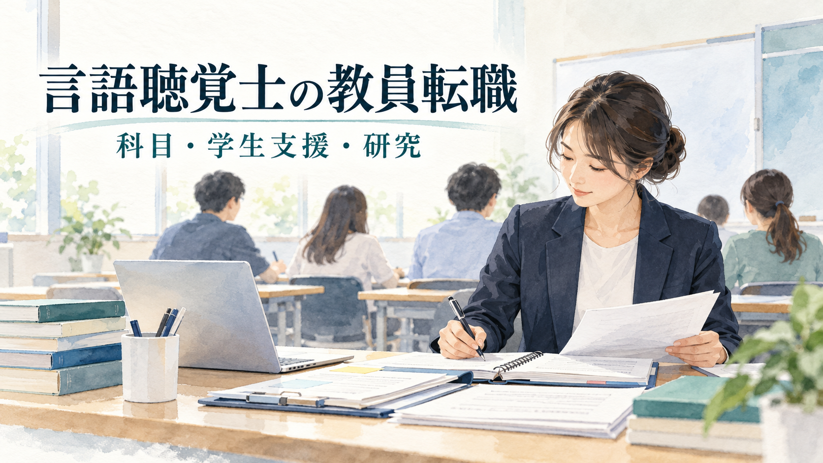 言語聴覚士が教員への転職で授業資料と学生支援の予定を整理する図。