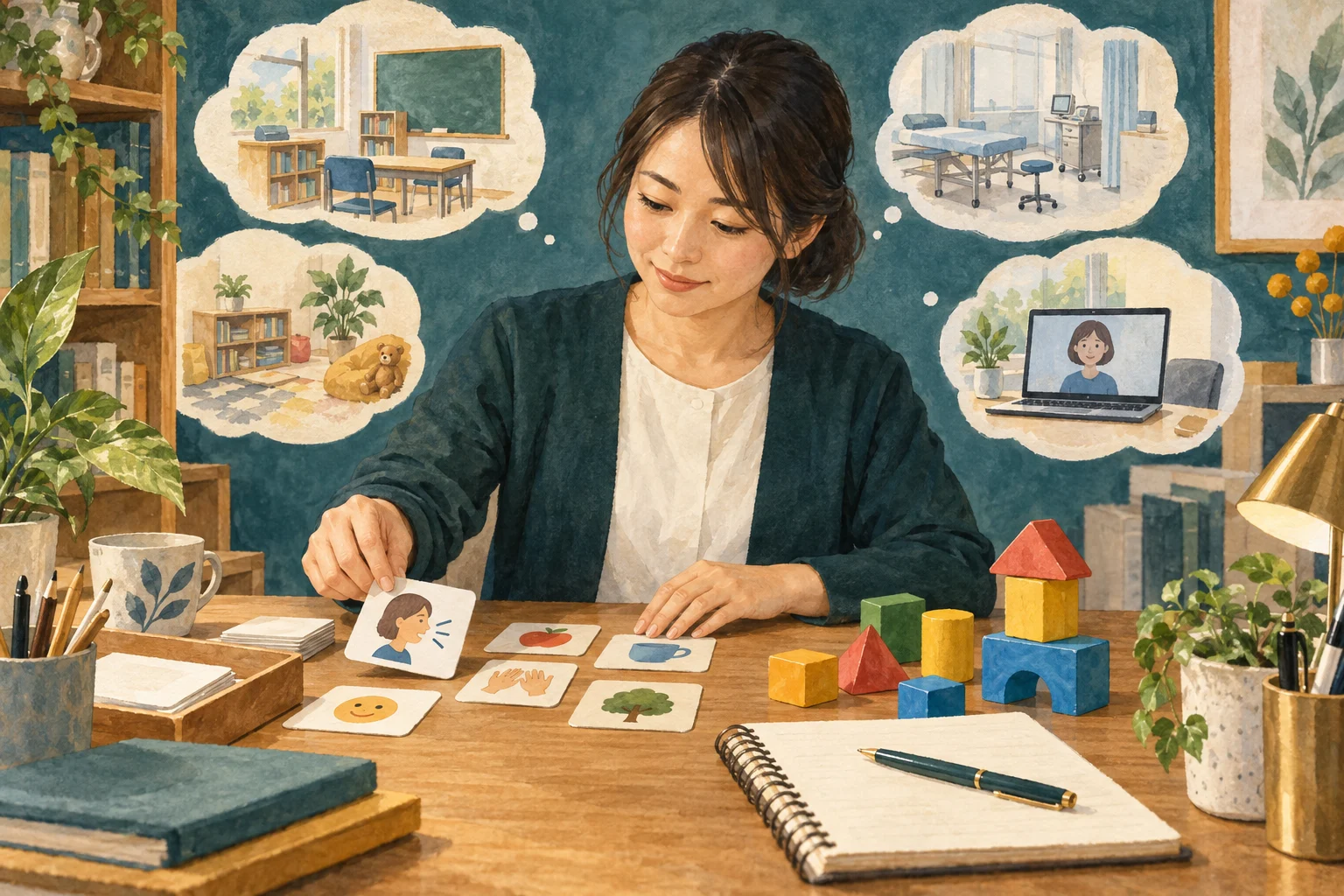 言語聴覚士が成人向けの絵カードと小児向けの道具を前に仕事の領域を考える場面